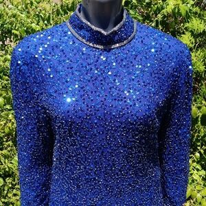 IVANA Vintage Pure Silk Blue Midi Dress with Gleaming Sequin Adornments (INDIA)